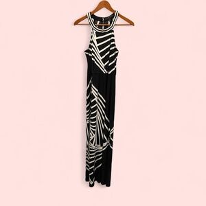 Cute black white geometric jersey knit stretchy flowy maxi high neck dress BCBG